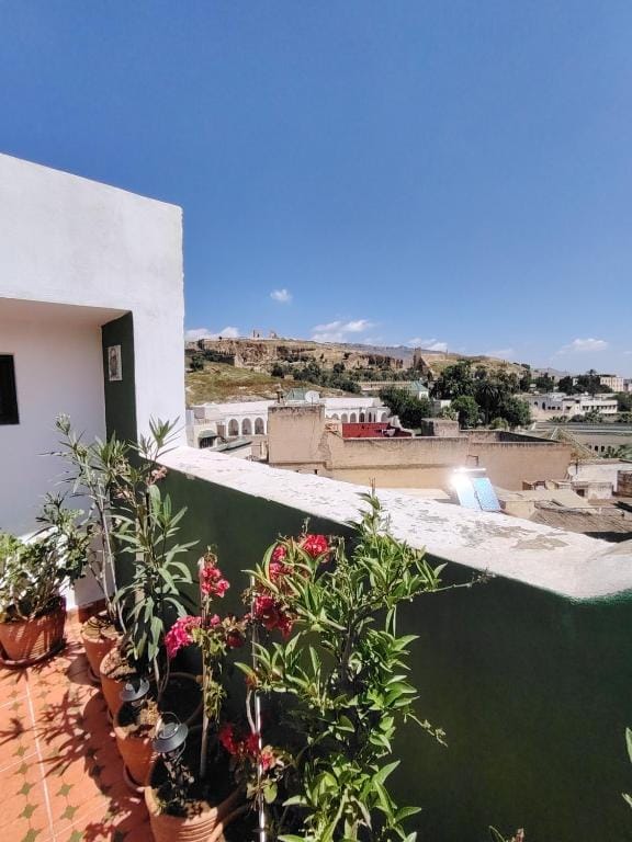 Terrasse panoramique sur les toits de la médina de Fès depuis la maison d'hôtes
